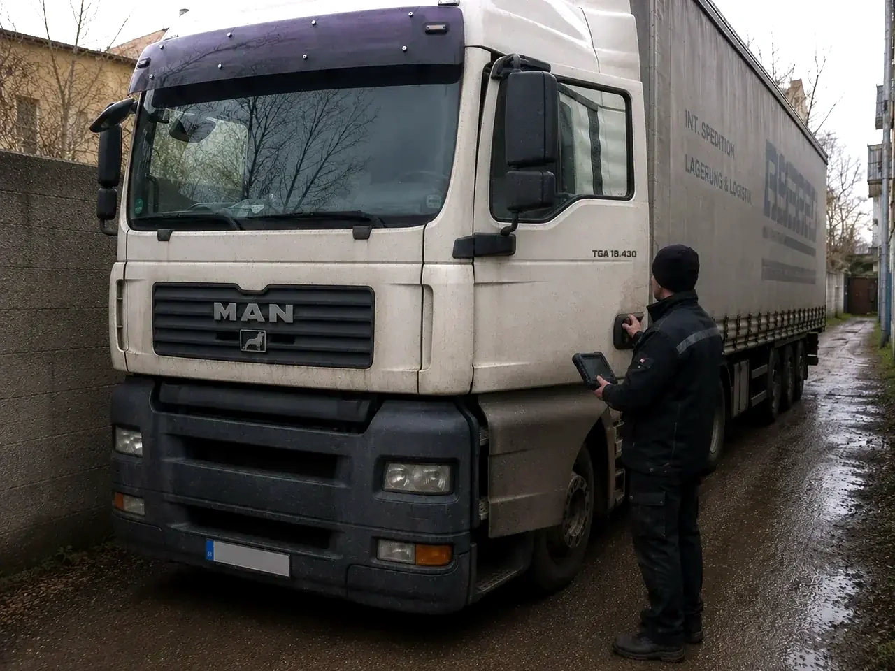 Lkw-Schlüsselservice: Techniker mit Diagnosegerät an einem MAN-Lkw