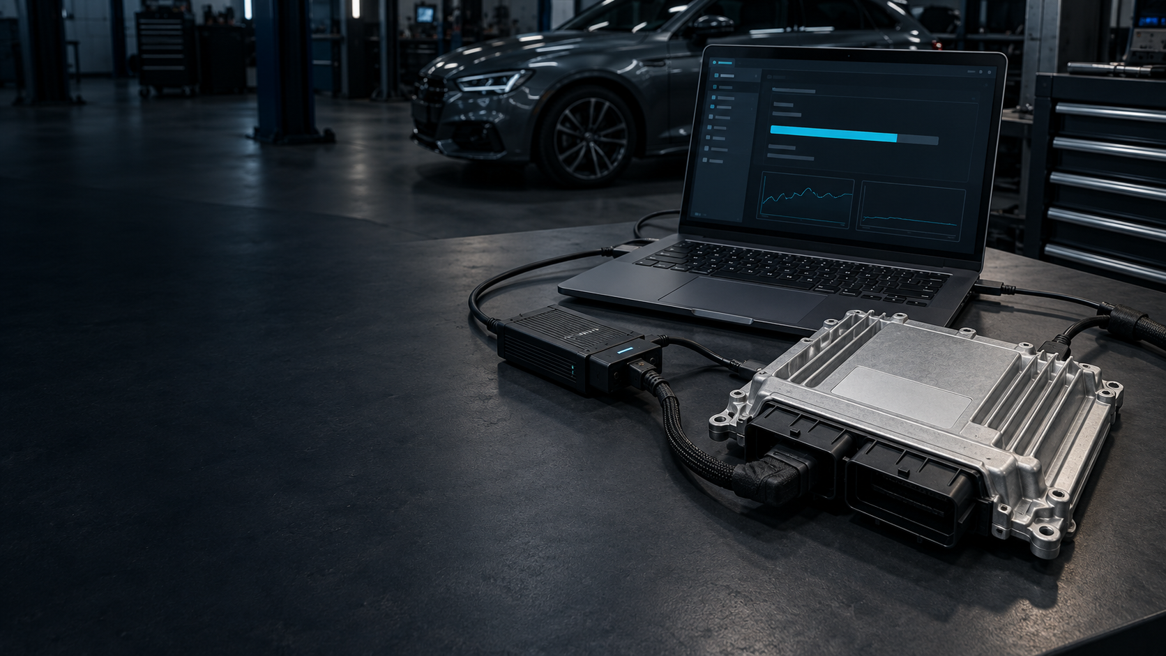 Symbolbild: Laptop und Programmiergerät mit angeschlossenem Motorsteuergerät auf einer Werkbank